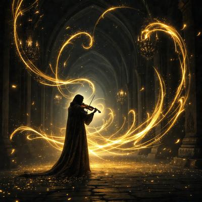 The primary subject of the image is a person playing a violin. The person is standing in a dark room with a violin in their hands. The setting appears to be a dark, possibly medieval-themed environment. The visual style of the image is a digital art or illustration, with a focus on the violinist and the surrounding darkness. The colors and mood of the image are predominantly dark, with the violinist being the main source of light and activity in the scene.